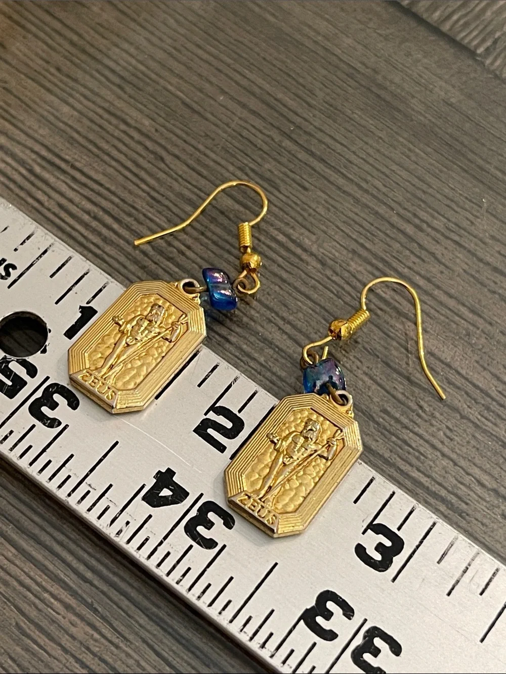 Vintage Gold-tone Rectangular Zeus Medallion Dangle Earrings